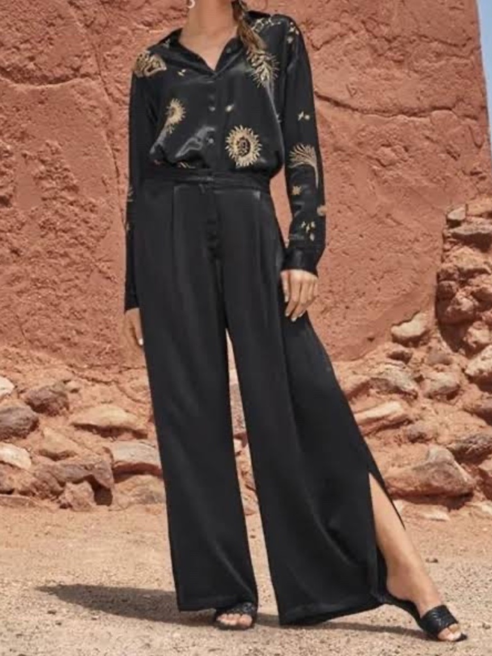JOHNNY WAS Paradiso Women’s M Black Pant High Slit Wide Leg Satin Holiday
